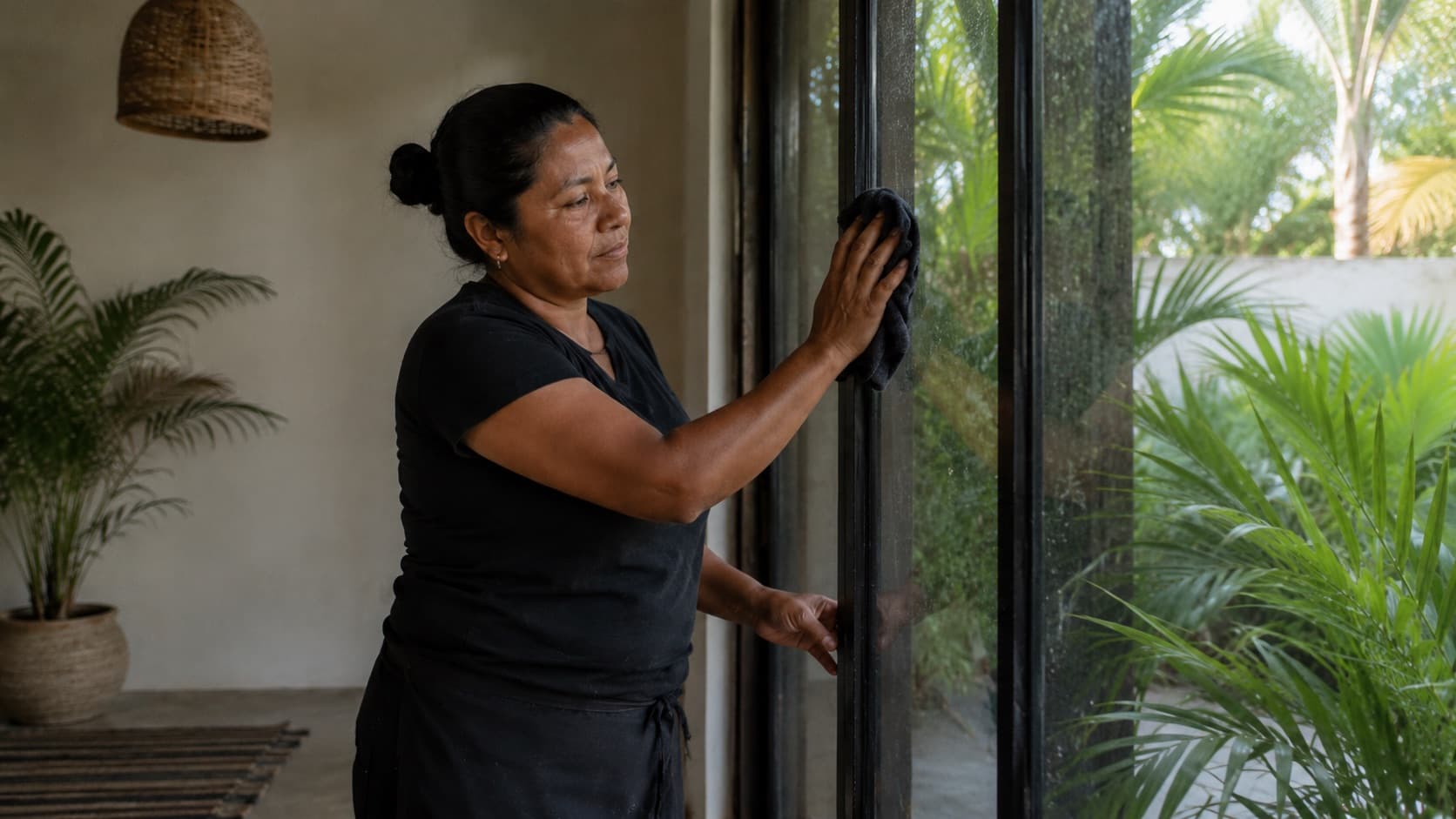 Local cleaner wiping a glass door in a Tulum home